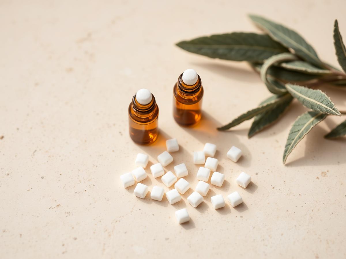 Amber homeopathic remedy vials and sugar pellets on a linen surface